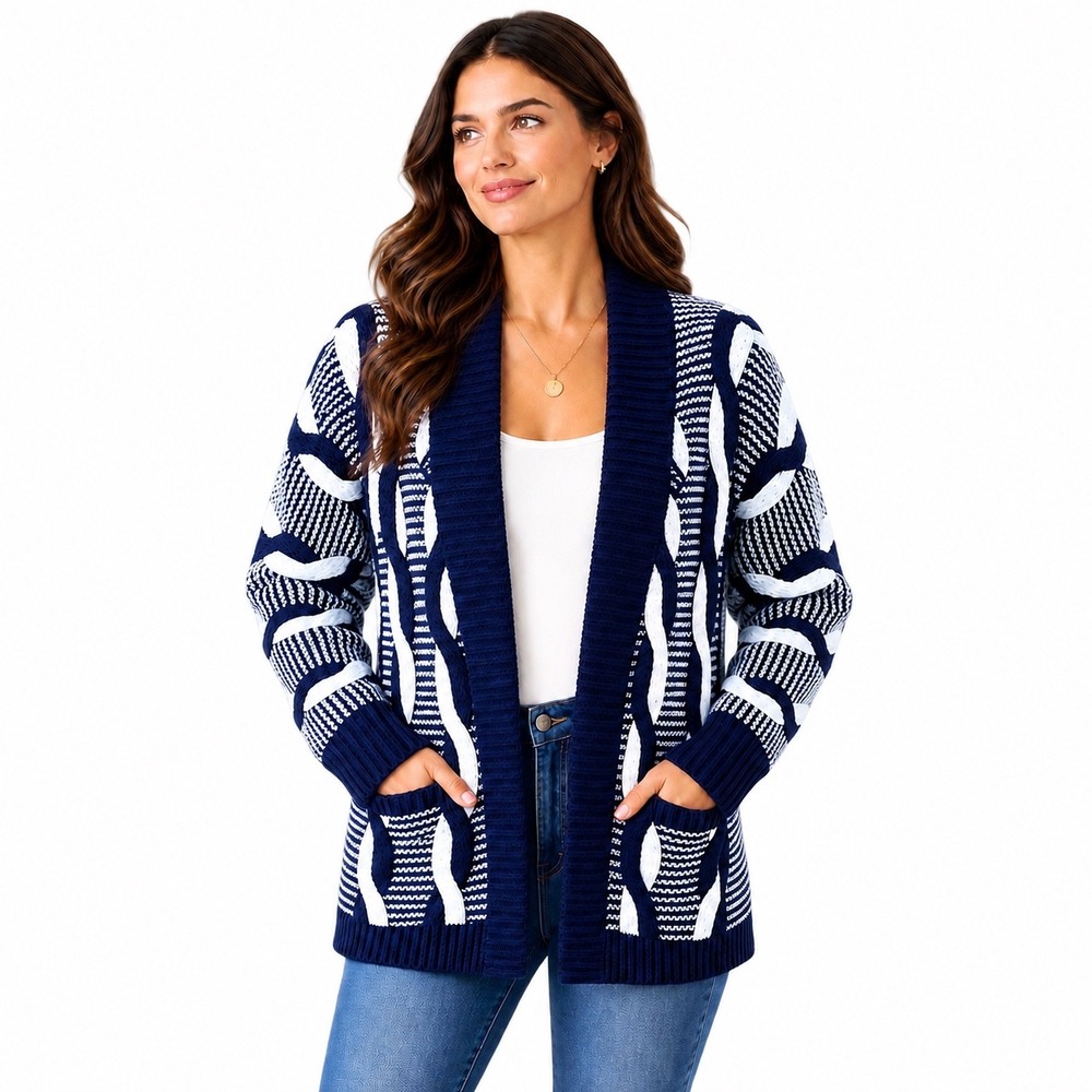 Carol Rose Medium Black White Chunky Warm Open Front Cardigan Sweater Whimsical